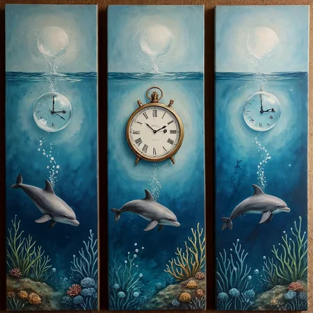 Triptych art, three panels. 

A drawing of a clock underwater, breathing bubbles, leaping porpoise.

<lora:TriptychArt01_CE_XL_300-OT:0.6> trptchCE_style