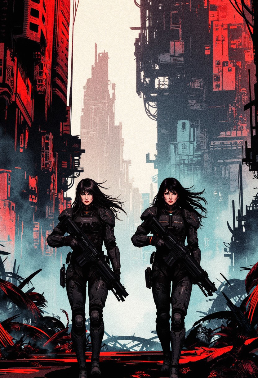 A digital painting in the style of ck-js, two female space marines with long flowing hair, dark eye make-up, red lips, wearing power armour, armed with assault rifles, cautiously walking towards the viewer through  a ruined alien sci-fi city of colossal buildings and towers, damaged and rusted surfaces, half-destroyed tower bocks, overgrown by jungle vegetation, large depth of field, sunset, directional lighting, black, red, blue and and white abstract colour palette