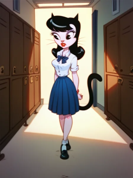 score_9, score_8_up, score_7_up, score_6_up, score_5_up, score_4_up, 1girls, (Nastassia_Slinky, white skin, animal nose, tail, black eyes, bangs, red lips), school uniform, hallway, school, lockers, bulletin board, detailed eyes, detailed face, detailed background, <lora:felixgirls-v1:1>
