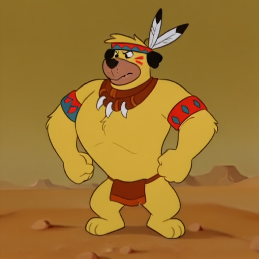 masterpiece, best quality, amazing quality, ChuckChipil, semi-anthro, male, dog, yellow fur,black eyes, red and blue headband, feathered headband, armsbands, brown loincloth, brown necklace, red face paint, standing, in a desert, solo, <lora:33fda94c-c4bc-44e9-b910-165330b15c65:1.0>