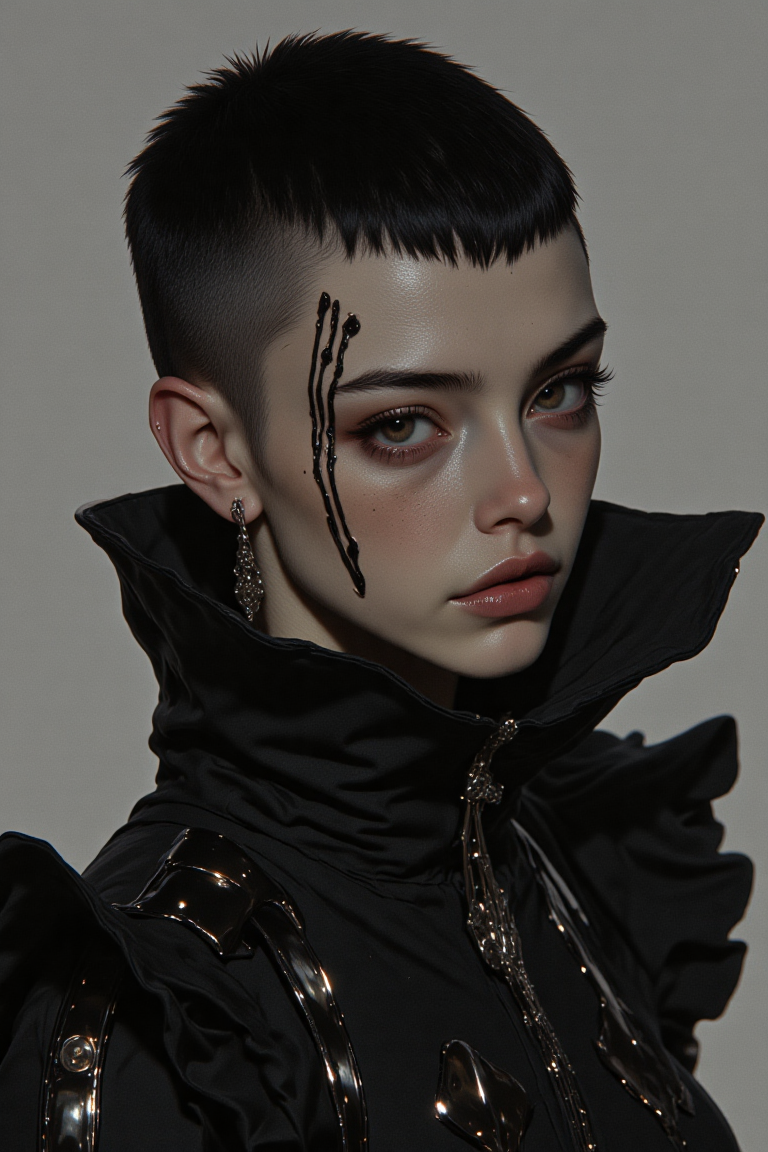 A stunning, high-quality, 8K closeup fashion editorial photograph of a European woman with fair, freckled skin and sleek, dark hair styled into a sharp asymmetrical bob. Captured in monochromatic tones, the image showcases her avant-garde outfit: a voluminous puffed jacket with asymmetrical folds, crafted from matte satin fabric, featuring exaggerated shoulders and a cinched waist that creates a dramatic silhouette. The lens used is an 85mm f/1.4, ensuring exceptional sharpness with a beautifully blurred background, and the camera is a Canon EOS R5. Her face is adorned with surreal makeup—three horizontal, adjacent rectangular stripes painted across her cheeks, intricately detailed with black fractal lines that form an optical illusion, blending seamlessly with the monochromatic theme. The soft yet dramatic lighting, provided by a softbox, casts delicate shadows that highlight the texture of her jacket and the fine details of her face paint. Her piercing gaze and the carefully balanced composition elevate the shot, captured by renowned fashion photographer Elara Voss, merging avant-garde style with surreal visual artistry.