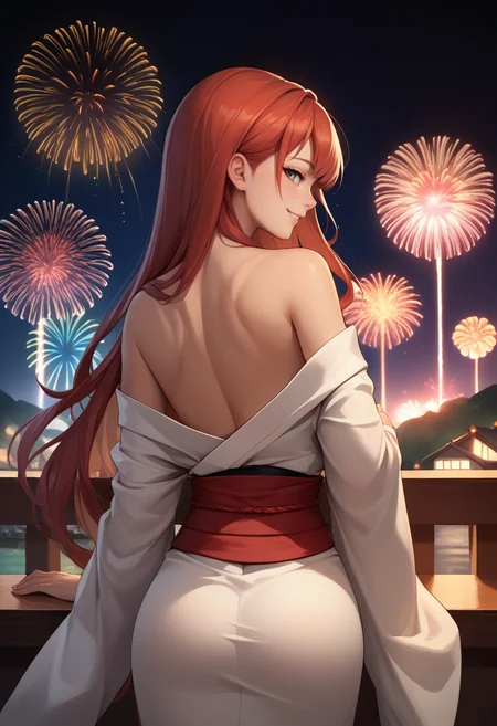 score_9, score_8_up, score_7_up, source_anime, from behind, solo, 1girl, strivejacko, smile, looking back, long hair, white kimono, off shoulder, red sash, bare shoulders, fireworks <lora:guiltygear_strive_jackovalentine_ponyXL:1>