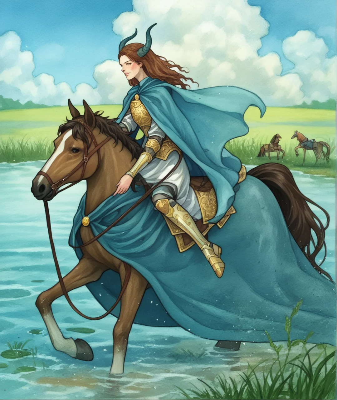score_9, score_8_up, score_7_up, score_6_up,
BREAK
painting, (((medium))), watercolor, traditional media, cape, water, long hair, armor, horns, 1boy, grass, 1girl, brown hair, holding, multiple boys, riding, horse, reins, horseback riding, solo, fine art parody, blue cape, saddle, cloud
<lora:RGv2:1>