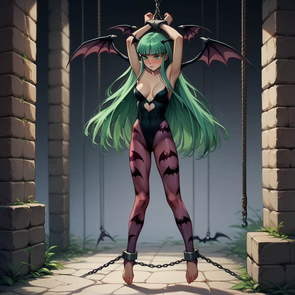 score_9, score_8_up, score_8, (source_anime), hanging_suspension, BREAK, Morrigan Aensland, restrained, bound wrists, blush, perfect face, 1woman, 22 years old, MorriganAe, hime_cut, emerald_green hair, green eyes, blunt bangs, fur trim, bridal gauntlets, print pantyhose, bat print, cleavage, hanging_suspension, BREAK, 1woman, bondage, bdsm, suspension, standing, arms_up, cuffs, bound_wrists, upright_restraints, standing_restraints, tiptoes, straight_legs, feet_dangling