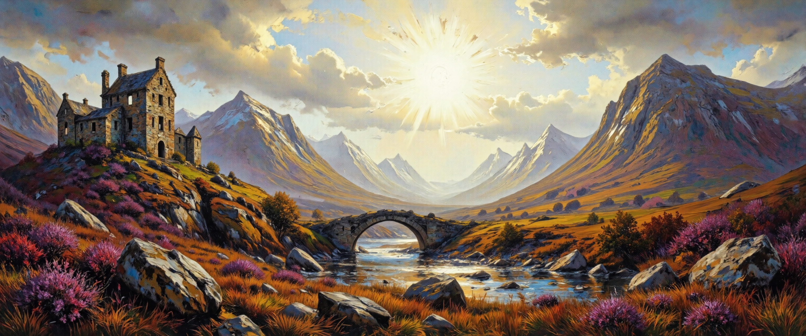 masterful impressionistic oil painting on canvas, a breathtaking view of the scottish highlands in autumn, rugged hills stretching into the distance, blanketed in hues of purple, russet, gold, and deep green, patches of heather and bracken adding texture and richness to the slopes, a gentle river winding through the valley below, reflecting the muted light from the overcast sky, an ancient stone bridge arching gracefully over the water, weathered and covered in moss, whispering tales of centuries past, in the distance, a crumbling castle ruin perches atop a rocky outcrop, its silhouette dark and haunting against the vast moorland, partially obscured by drifting mist that clings to the valleys and wraps around the hills, the sky is heavy and brooding, dark storm clouds lingering, yet occasional breaks allow shafts of pale sunlight to pierce through, casting soft beams onto the landscape and highlighting the rich autumnal tones, the foreground features tufts of wild grass and scattered rocks, touched with frost, their textures rendered with delicate brushstrokes, small patches of purple heather providing subtle contrast to the earthy tones, wide-angle panoramic shot, slightly elevated perspective, emphasizing the vastness of the highlands and the insignificance of the human structures within, soft, diffused afternoon light filtering through the cloud cover, occasional bursts of sunlight breaking through, casting golden highlights on the hills and river, mist creating an ethereal glow around the castle ruin, painted with loose, expressive brushwork capturing the rugged beauty of the highlands, rich impasto textures on the grasses and rocks, harmonious palette of warm earth tones contrasted by cool grays and soft purples, a timeless, atmospheric portrayal of scotlandâs wild heart, balancing the grandeur of nature with the quiet decay of human history, ovg, a dibrushstrik style painting, impressionist style, aidmaimageupgrader, <lora:style-digital_impressions-impressionism-v4-flux-by_dark_infinity:0.8> <lora:style-amazing_scenery-v3-flux-by_marielle:0.48> <lora:image_upgrader-v0.3-flux-by_aidma:0.48>