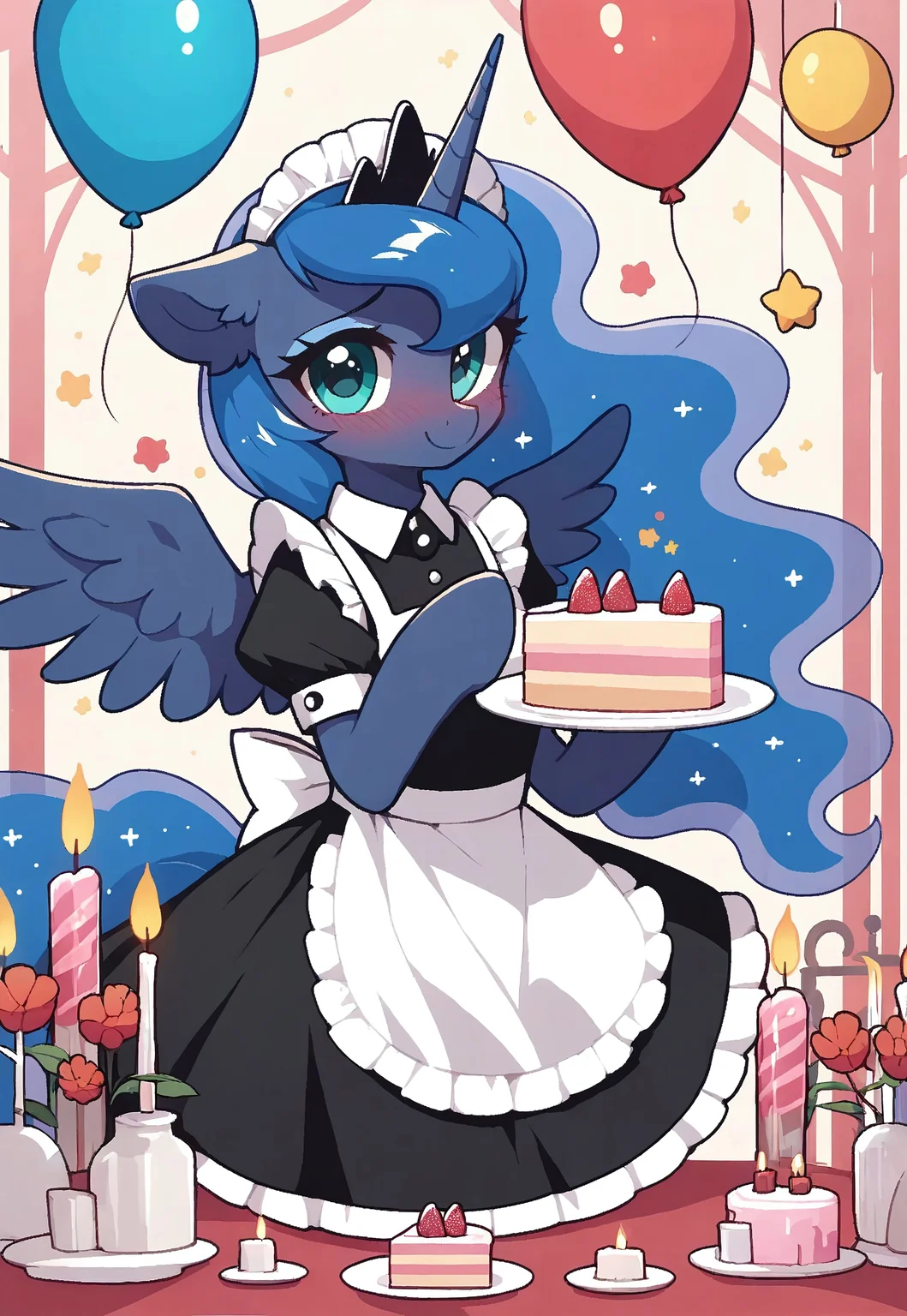score_9, score_8_up, score_7_up, score_6_up, score_5_up, score_4_up, princess luna, alicorn, g4, ((pony)), apron, balloon, blush lines, blushing, cake, candle, candlelight, clothes, crescent moon balloon, cute, dress, ear fluff, mare, food, horn, looking at you, maid headdress, shy, smiling, solo, stars