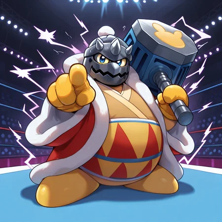 <lora:King_Dedede_Kirby_-_Lora:1> 1boy, dedede, metal mask, red coat, belly belt, robe, gloves, holding object, metal hammer, pointing at viewer, full body, angry, lighting bolts, lightning aura, wrestling arena, cage match, (masterpiece, masterwork:1.2)