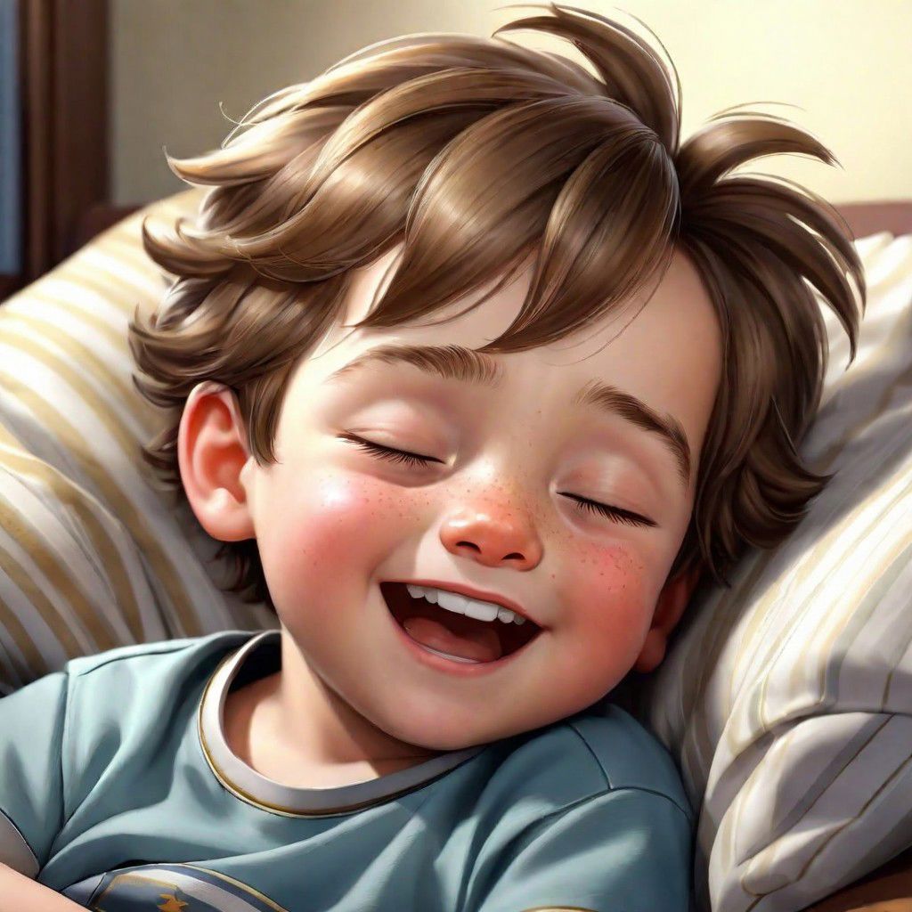 boy who looks sleepy but also happy realistic