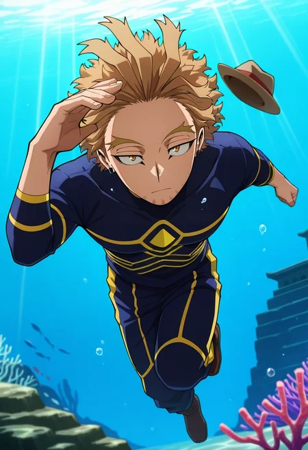 masterpiece, best quality, intricate details, anime screencap, , official style, looking at viewer, 1boy, solo, male focus, <lora:keigo_takami_ilxl:0.9>, keigo_takami, hawks \(boku no hero academia\), blonde hair, yellow eyes, short hair, facial hair, stubble, , underwater temple, coral growth, fish schools, light rays, swimming pose, determined expression, bubbles, White Voile Striped Ski pants, Satin Plum Linen shirt, Brogues, Fedora,