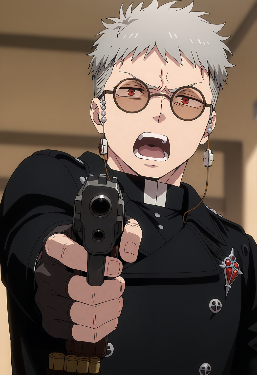 <lora:Fujimoto_Shiro_Blue_Exorcist__Ao_No_Exorcist__éã®ç¥é­å¸«_v2:1>,
fsh1r0,grey hair,red eyes,1boy,male focus,solo,round eyewear,glasses,fsh1r0_eyewear_strap,fsh1r0_brooch,fsh1r0_outfit,
looking ahead,holding gun,handgun,aiming at viewer,foreshortening,open mouth,v-shaped eyebrows,shouting,blurry background,upper body,fingerless gloves,
masterpiece,best quality,amazing quality,absurdres,highres
