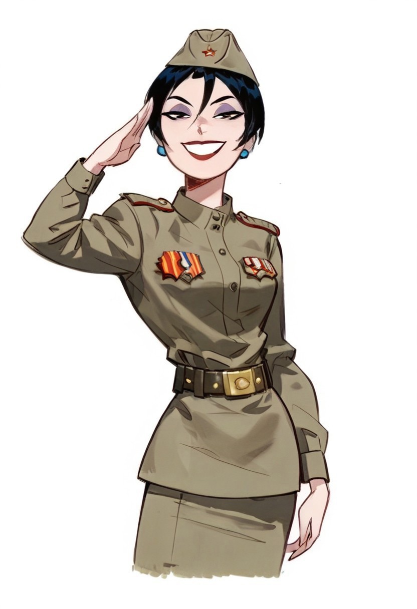 score_9, score_8_up, score_8_up, btimmsketch, 
DeathGirl, 1girl, short hair, black hair, white skin, eye shadow, earrings, evil smile, halftone effect, Soviet Military uniform, skirt, belt, garrison cap, salute, smug