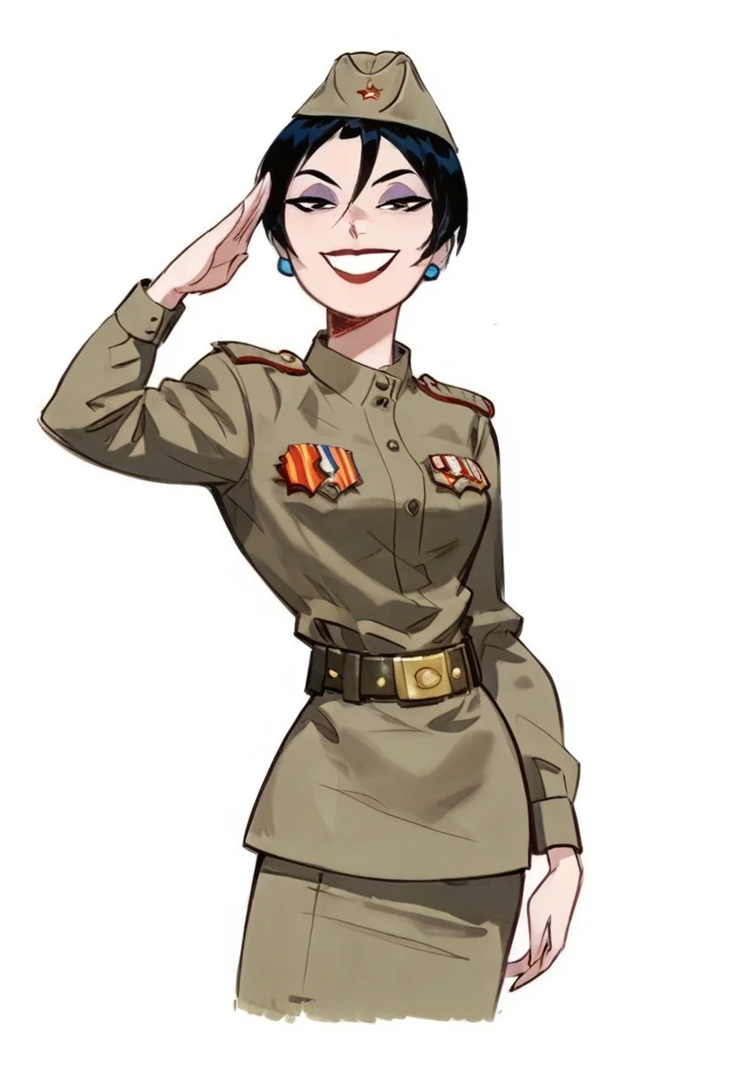 score_9, score_8_up, score_8_up, btimmsketch,
DeathGirl, 1girl, short hair, black hair, white skin, eye shadow, earrings, evil smile, halftone effect, Soviet Military uniform, skirt, belt, garrison cap, salute, smug