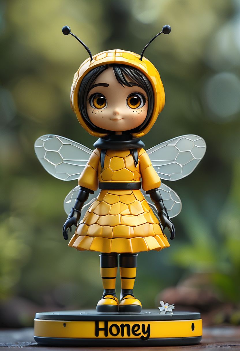 cinematic photo bee girl, manga girl, "Honey" written, 35mm photograph, film, bokeh,  professional, 4k, highly detailed