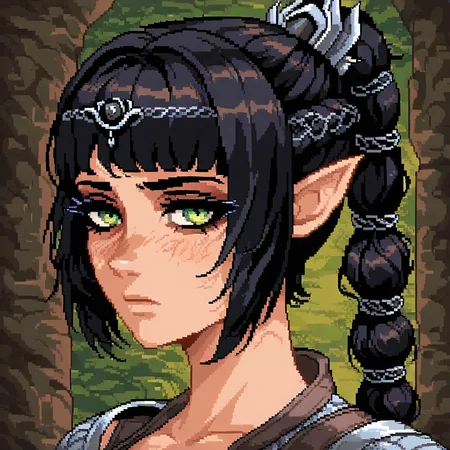 masterpiece, best quality, newest, absurdres, highres, DPAV1.0, pixel art, 1girl, shadowheart \(baldur's gate\), long braid, elf, pointy ears, black hair, braid, side bangs, green eyes,
