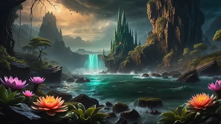Hyperrealistic art A dark and atmospheric scene inspired by H.P. Lovecraft's "The Call of Cthulhu." In the foreground, the ancient, crumbling city of R'lyeh rises from the depths of the ocean, with its non-Euclidean architecture and impossible angles, covered in seaweed and strange, glowing algae. Towering above the city, the monstrous figure of Cthulhu emerges from the water, his grotesque, squid-like head with writhing tentacles, and massive bat-like wings casting a shadow over the landscape. His eyes glow with a malevolent, otherworldly intelligence. The sky is dark and stormy, with lightning illuminating the chaotic, nightmarish scene. Jagged rocks and towering waves crash around the city, adding to the sense of impending doom. The background features a turbulent ocean and a chaotic, swirling sky filled with dark clouds and flashes of lightning. The atmosphere is filled with a sense of cosmic dread and horror, capturing the terrifying and unfathomable nature of Lovecraft's universe. The overall style is highly detailed and realistic, emphasizing the ancient, alien nature of R'lyeh and the monstrous presence of Cthulhu.
<lora:Enhanced_XL_V1:0.8> enhanced, Hyperrealistic art Hyperrealistic art A stargate bustling futuristic cityscape, floating in post-nuclear war destroyed world with nuclear fallout, creating a juxtaposition between advanced technology and human greed, complete with hyperrealistic detail, cinematic lighting and vibrant colors <lora:world_glass:1>, dynamic, cinematic, masterpiece, intricate, hdr, . Extremely high-resolution detail, photographic, realism taken to the extreme, fine texture, incredibly lifelike . Extremely high-resolution details, photographic, realism pushed to extreme, fine texture, incredibly lifelike, RAW Proffesional Photography of a landscape, Long shot, __Kamera__, (comet:0.1), (flowers:0.1), (water lilies:0.1), (insects:0.1), (animals:0.1), (birds:0.1), (waterfall:0.1), (Fish in water:0.1),(Tundra:0.1), (Desert:0.1), (Rainforest:0.1), (Mountains:0.1), ( Frontal fog:0.1), (Waves:0.1), (Stars:0.1), Sunny, psychedelic, entropy, shallow depth of field detailed background, dark noir style, HDR, RAW, ray tracing reflections, sharp focus, ultra realistic, 12k <lora:add-detail-xl:1>, cinematic photo, a extreme deep underwater world in which occasionally (full body view of a Orca:2.0), coral reefs, algae, underwater plants, colorful fish, The scene features clear water with (random time of day, random weather:1.3), love and entropy are depicted throughout the scene, with mini insects and microcosms complementing the detailed background, HDR, RAW, ray-traced reflections, sharp focus and ultra-realistic detail, 35mm photograph, film, bokeh, professional, 4k, highly detailed
<lora:SDXLHighDetail_v5:1> <lora:more_details:1>, nsfw, Raw poster, concept art, landscape, psychedelic, Raw poster, concept art, landscape, psychedelic, depicting a two-part scenario of the same scene: in the upper half, a dark magic ocean lonely islands with palms, coconut trees, waterfalls, flowers, insects, birds, where dolphins play in the waves and the occasional shark fin breaks the surface; transitioning seamlessly into the lower half, a microcosm of an very deep and very dark underwater world with (colorful fish, mystical lights, coral reefs, seaweed, underwater plants:1.3), and occasional (orcas:0.9) and sharks gliding through the depths., foggy, random weather, random daytime, (love:1.3), (spring saeson in the ball:1.3), entropy, (mini insect:0.1), shallow depth of field detailed background, sunshaft, surreal, dark noir style, HDR, RAW, ray tracing reflections, sharp focus, ultra realistic, 12k
<lora:dreamcolor:0.3> <lora:EDG_-_Test_Lora:0.3> <lora:more_details:0.3>, Raw poster, concept art, landscape, psychedelic, Cloudy,Twilight, Crescent moonlight,beautiful waterfall in the middle of a forest, swiss landscapes, (love:1.1), Ice fog, entropy, (mini insect:0.1), (shallow depth of field detailed background:1.2), dark noir style, HDR, ray tracing reflections, sharp focus, ultra realistic, 12k <lora:add-detail-xl:1><lora:LowRA:1> <lora:more_details:1> ,m0nst3rfy3 <lora:m0nst3rfy3(0.5-1)M:1>, <lora:SDXLHighDetail_v5:1> . Extremely high-resolution details, photographic, realism pushed to extreme, fine texture, incredibly lifelike