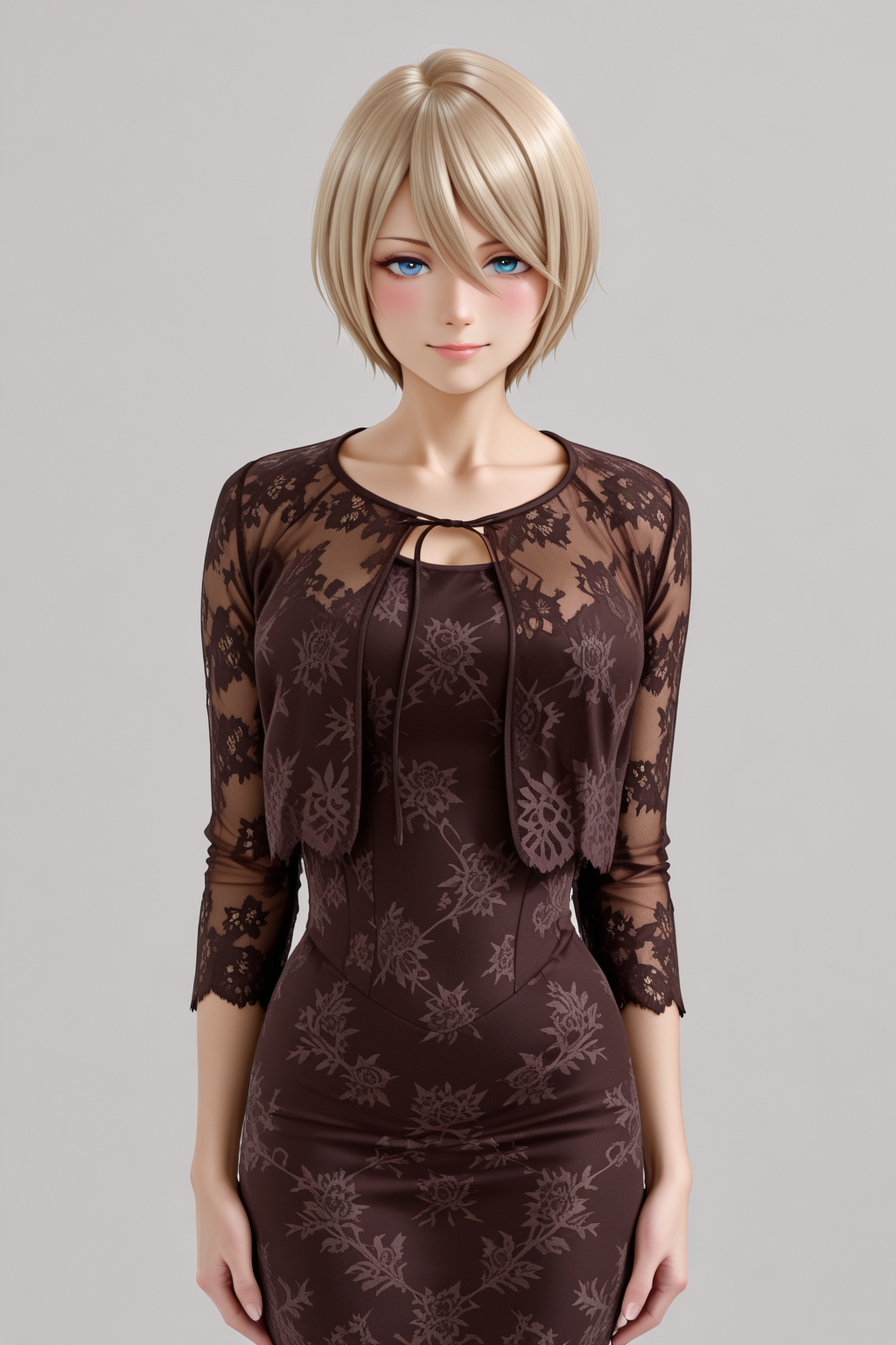 masterpiece, best quality, amazing quality, 1girl, solo, makeup, general, full body, looking at viewer, blush, simple background, smile, posing, <lora:TerraceAkane:1>, TerraceAkane, short hair, blue eyes, blonde hair, hair between eyes, breasts, <lora:lacedressbolero-illustrious:1>, brown dress, cropped jacket, <lora:wai-2Rectified-V140:1>, <lora:illustrious_noobai_epsilon_pred_1_masterpieces_v1:1>