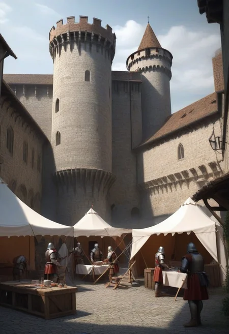 castle,
A castle courtyard turned into a triage center during a medieval siege, with tents, stretchers, and medics in stained aprons working tirelessly.