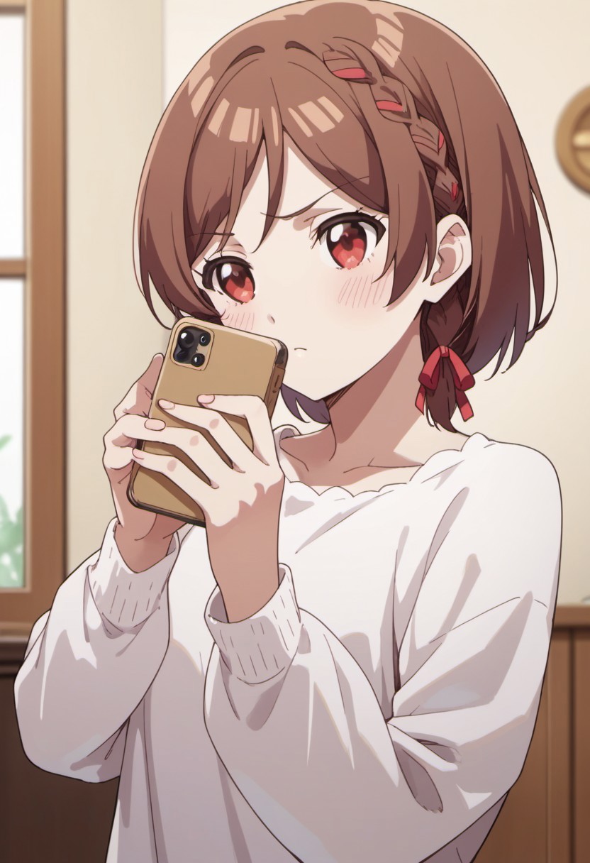 score_9, score_8_up, score_7_up, source_anime, sakuramori akane, short hair, brown hair, red eyes, 1girl, phone, solo, cellphone, braid, blush, holding, smartphone, holding phone, indoors, ribbon, anime coloring, hair ribbon, selfie