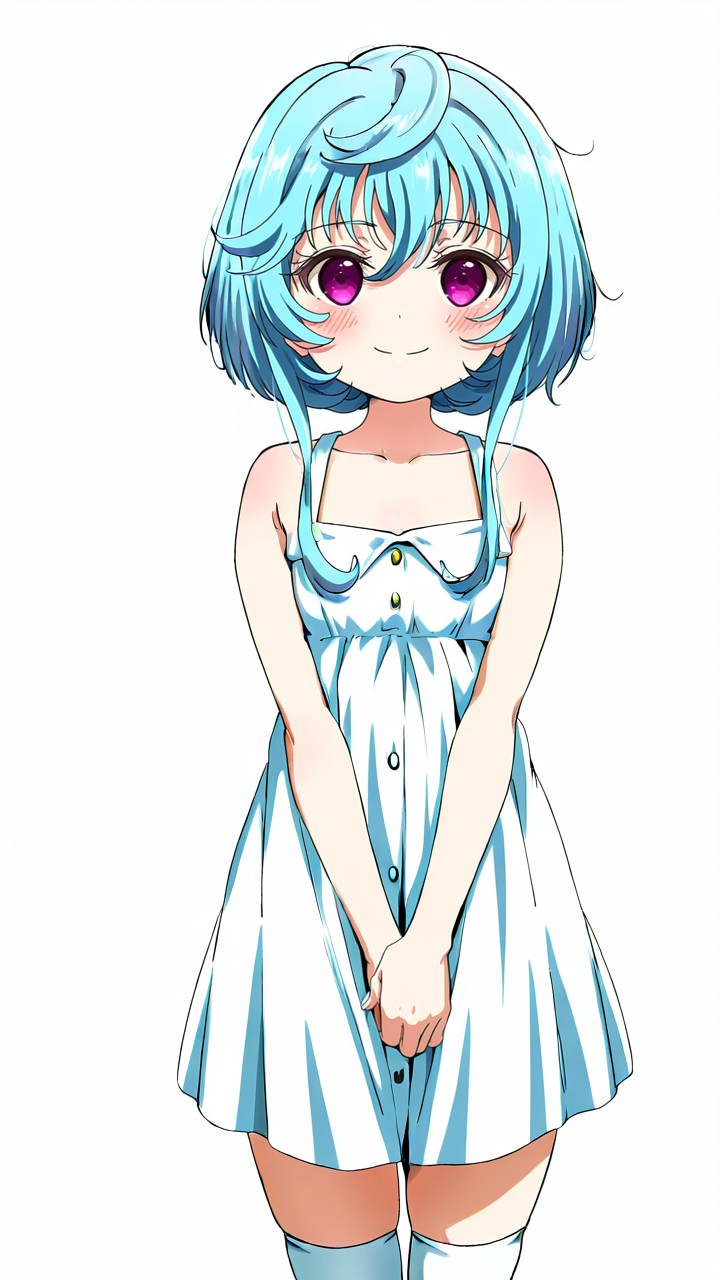 white_background,simple background,1girl,solo,full_shot,looking_at_viewer,<lora:Maryberry_Illustrious_v8:1>,Maryberry,white_thighhighs,blush,anime screenshot,sincos,looking_up,smile,sundress,armpits,flat chest,v_arms,, masterpiece, best quality