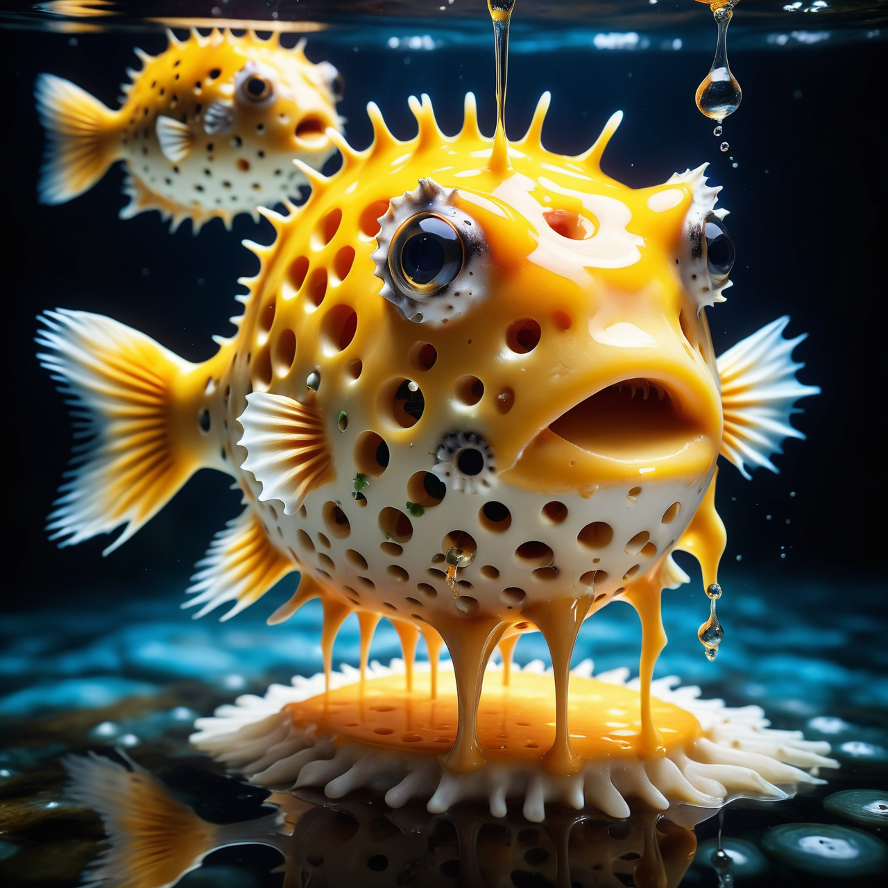 Jed-Drpgcese, masterpiece, full of details <lora:DrippingCheeseStyle-000006:0.8>, a puffer fish, dynamic background, exquisite color, very, cinematic, grand illumination, beautiful detailed, great light, dynamic dramatic beautiful full taking, flowing, colorful, epic atmosphere, gorgeous