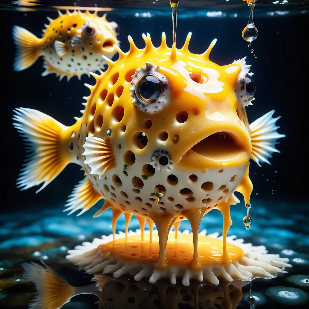 Jed-Drpgcese, masterpiece, full of details <lora:DrippingCheeseStyle-000006:0.8>, a puffer fish, dynamic background, exquisite color, very, cinematic, grand illumination, beautiful detailed, great light, dynamic dramatic beautiful full taking, flowing, colorful, epic atmosphere, gorgeous