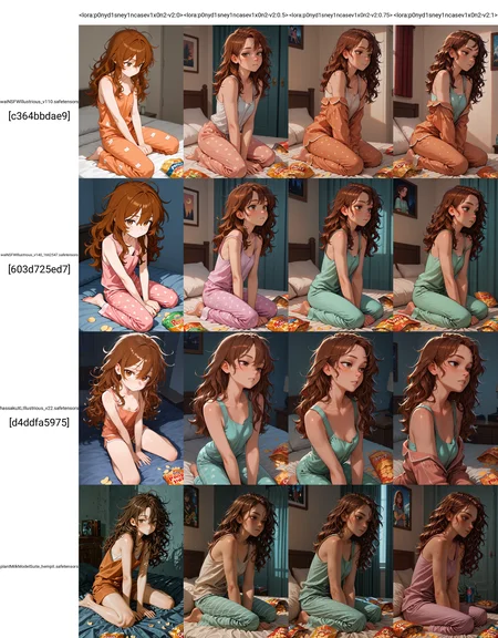 masterpiece, best quality, amazing quality, <lora:p0nyd1sney1ncasev1x0n2-v2:0>, p0nyd1sney1ncasev1x0n2, 1girl, 25 years old, perfect face,
brown eyes,
long hair, brown hair, wavy hair, messy hair,
freckles,
pajamas, loose tank top,
bed, sitting, kneeling,
snack, chips \(food\),âââ