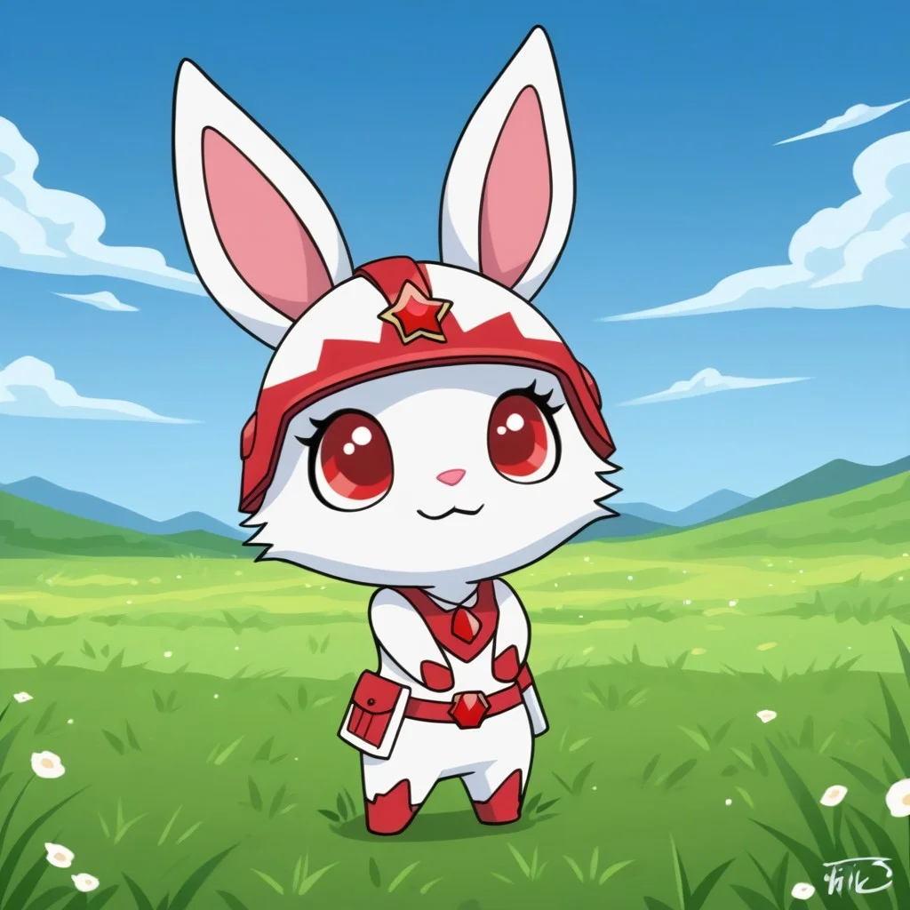 best quality, masterpiece, ruby, jewelpet, rabbit, closed mouth, furry, white fur, anthro, solo, chibi, cute smile, white clothing, 7-phase1, clone trooper armour, helmet, grassy meadow, blue sky,