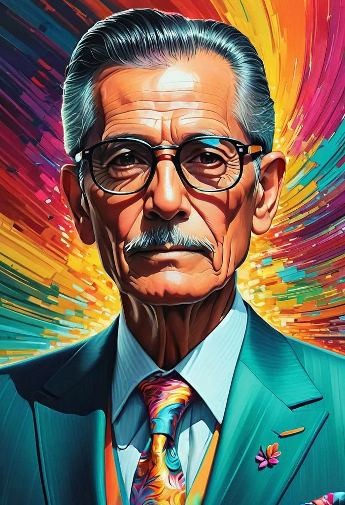 a photograph of , a close up of a 60 years indonesia man in a suit , a digital painting inspired by rodel gonzalez, featured on cgsociety, funk art, wearing a colorful men's suit, style in digital painting, style digital painting,PA7_Enhancer-04, ebesiyasku