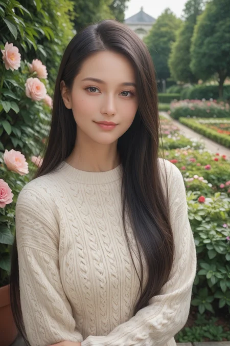 score_9,score_8_up,score_7_up,
masterpiece, 20 years old, 8k, hd, beautiful girl, black hair, very long hair, straight hair, light smile,
1girl, detailed face, beautiful woman's face, sweater, garden, full of flowers, looking at viewer, upper body, half body,