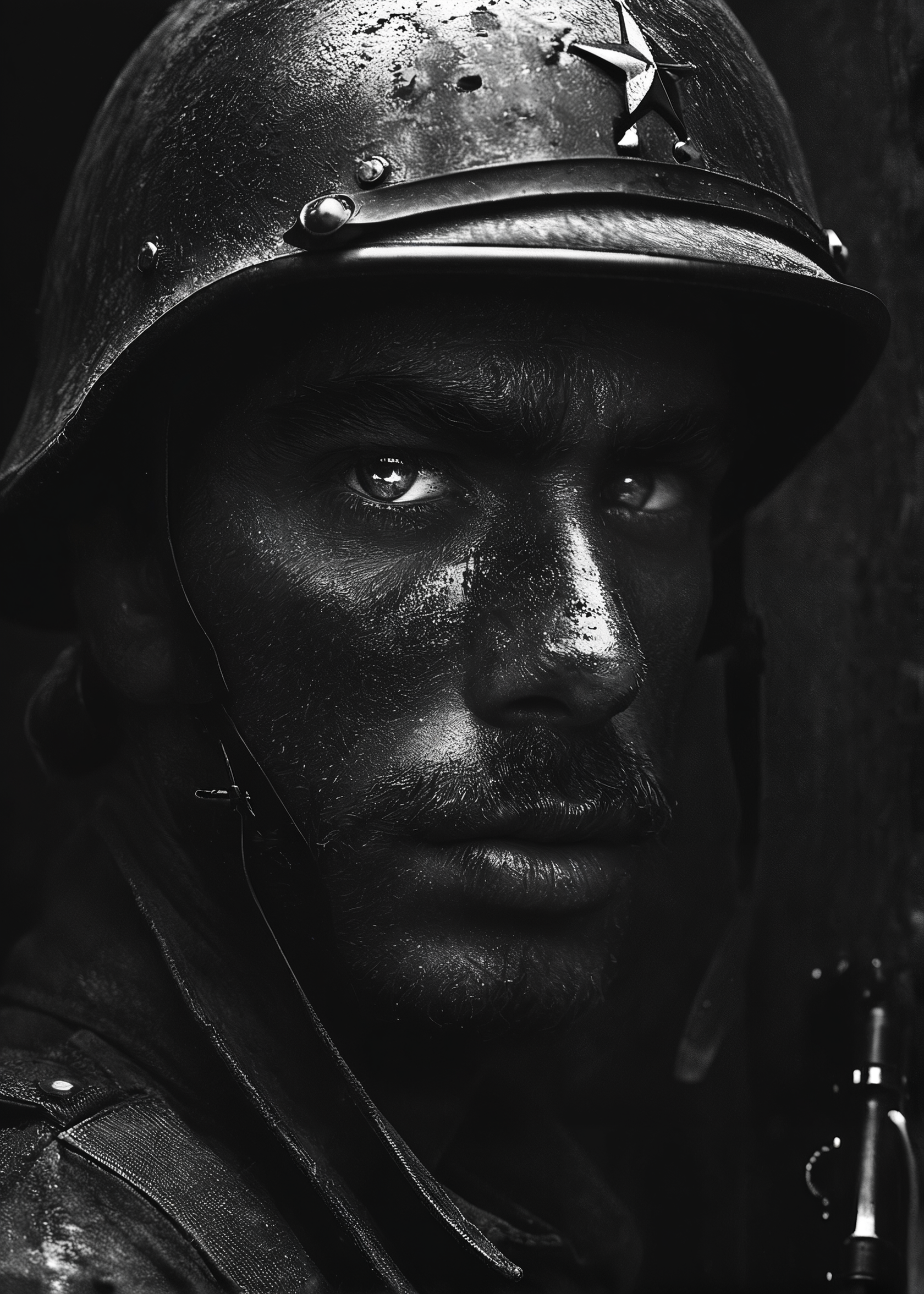 style by Brassaï, cinematic photo,epic, dark cowboy photo of grimy WWII solder wear helmet,soot-stained, sweat on the skin reflections,4k skin texture,35mm cinematic , film, bokeh,  professional, 4k, highly detailed, 35mm photograph, film, bokeh,  professional, 4k, highly detailed, detailed beautiful eyes