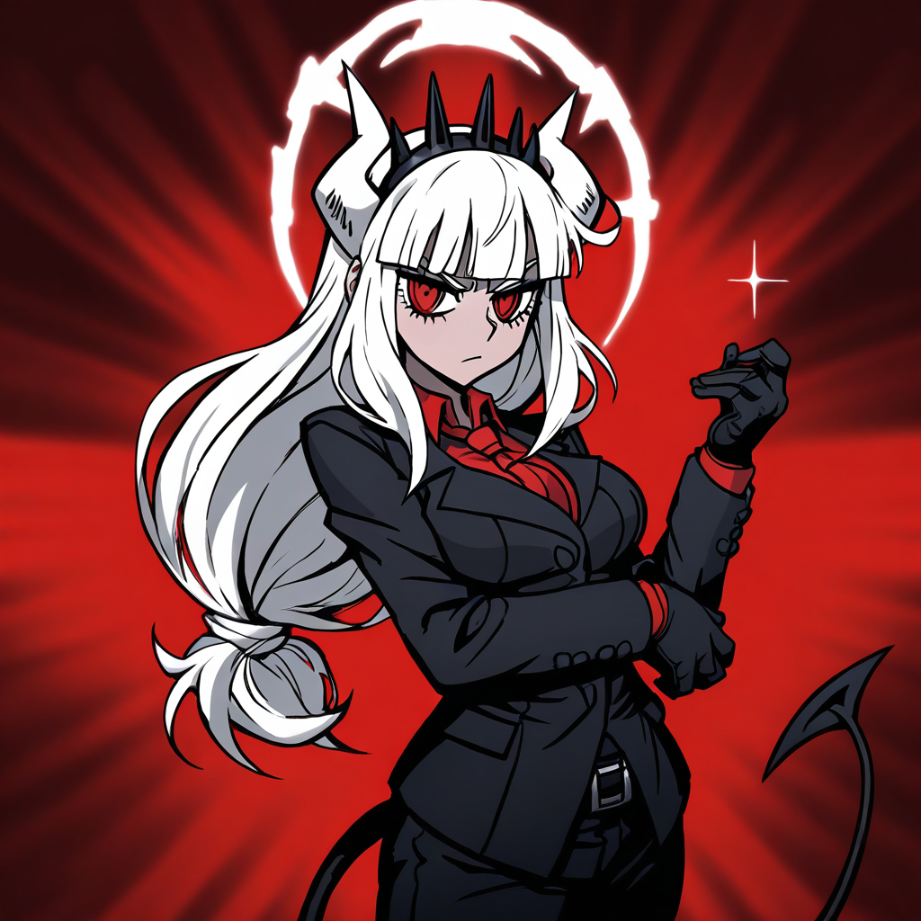 masterpiece, best quality, newest, absurdres, highres, anime, anime style, DDVirtue-V1.1, halo, 1girl, lucifer \(helltaker\), black suit, red necktie, black collared shirt, black gloves, blunt bangs, demon horns, demon girl, demon tail, red eyes, white hair, long hair