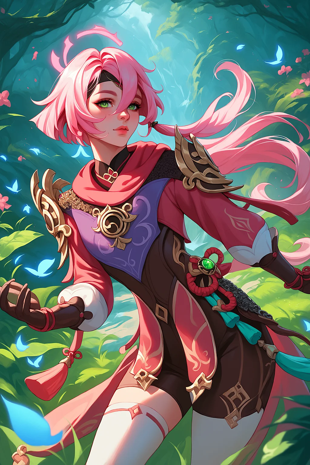 cl3r1c, score_9, score_8_up, score_7_up, 1girl, highly detailed, yanfei_(genshin_impact), genshin_impact, pink_hair, green_eyes, three quarter view, flipping hair, neon jungle, glowing flora, <lora:5h4rt:1.0>