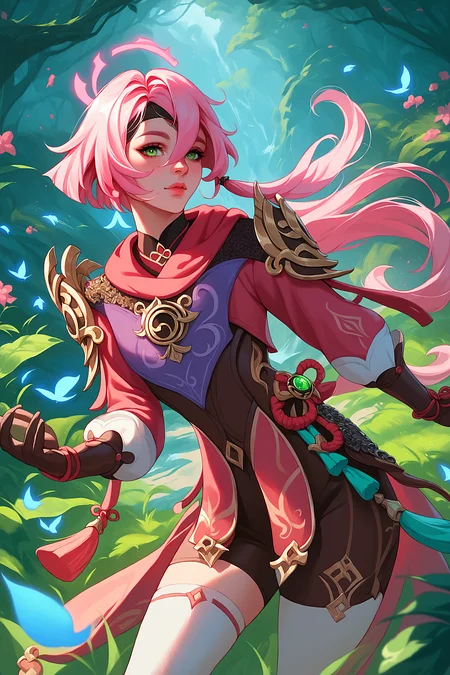 cl3r1c, score_9, score_8_up, score_7_up, 1girl, highly detailed, yanfei_(genshin_impact), genshin_impact, pink_hair, green_eyes, three quarter view, flipping hair, neon jungle, glowing flora, <lora:5h4rt:1.0>