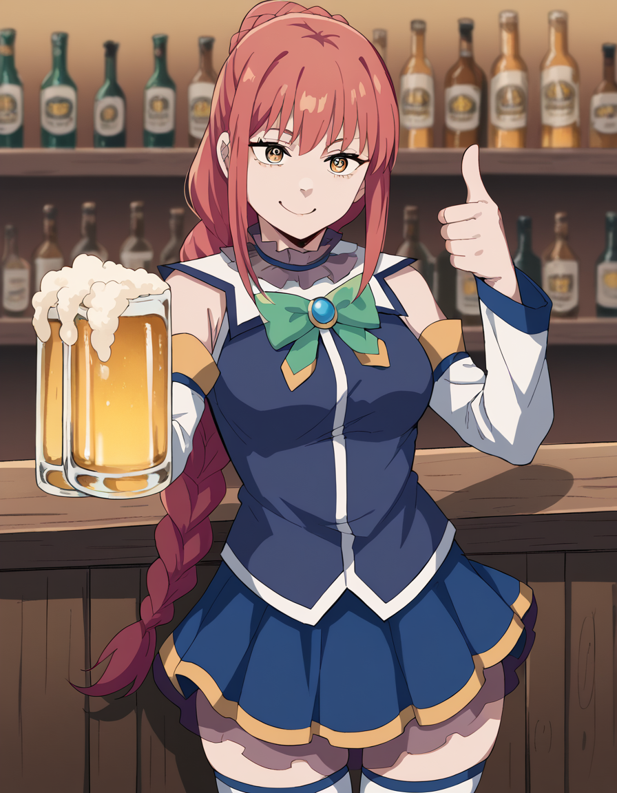 score_9, score_8_up, score_7_up, source_anime, <lora:chainsaw-man-makima-s1-ponyxl-lora-nochekaiser:1> makima, long hair, smile, bangs, yellow eyes, braid, red hair, braided ponytail, ringed eyes, medium breasts,, <lora:aqua-cosplay-ponyxl-lora-nochekaiser:1>, aqua cosplay, aqua (konosuba) (cosplay), skirt, shirt, thighhighs, bare shoulders, detached sleeves, white thighhighs, blue skirt, blue shirt, green bow,, bar, beer, beer mug, thumbs up, smile, smug, holding beer mug,,