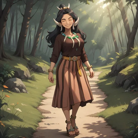 score_9, score_8, BREAK, solo, Drasna_(Pokémon), closed eyes, long black hair, tribal horns, mature female, tooth_necklace, tooth_bracelet, yellow belt, vertical-striped skirt, brown shirt, long sleeves, thick eyebrows, anklets, high heel sandals, self portrait, smile, looking at viewer, outdoors, sunlight, shadows, evening lighting, natural lighting, forest, trees, grass, orange sky, sunset