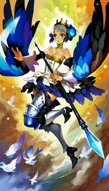 score_9,score_8_up,score_7_up,
<lora:vanillawareStyle:1>,
gwendolyn,valkyrie,1girl,solo,white hair,blunt bangs,updo,blue eyes,looking to the side,blue bird,looking at bird,parted lips,gwendolyn outfits,crown,hair feather,strapless dress,armor,bare shoulders,cleavage,detached sleeves,multicolored wings,armored thigh boots,full body,flying,holding polearm,holding shield,glowing spear,
sky,night,drifting feathers,
light particles,