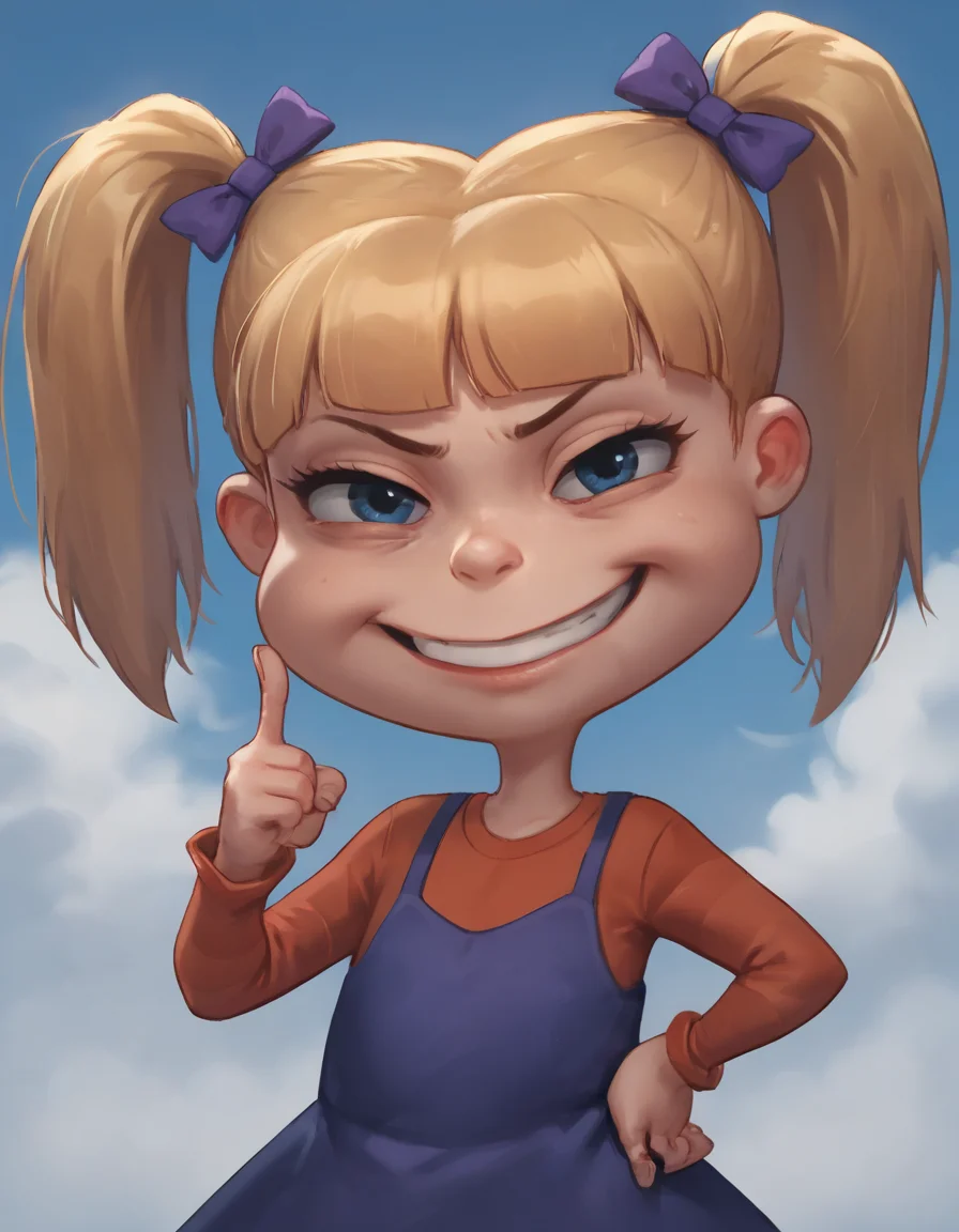 score_9, score_8_up, score_7_up, score_6_up, score_5_up, score_4_up, source_cartoon, BREAK, rating_safe, BREAK, 1girl, solo, (child:1.5),a girl with blonde hair, pigtails with purple bows and dress, hand on hip, smug look on face, thumb pointing toward chest, human, female, portrait, looking at viewer, blue sky, stormy clouds, disney style, illustrated