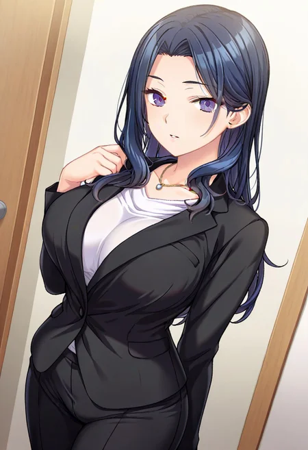 FujiMari, dark blue hair, long wavy hair, purple eyes, office lady, black blazer, suit jacket, pant suit, white inner shirt, necklace,
BREAK
(absurdres, best quality, masterpiece:1.4), amazing quality, highres, newest, detailed, detailed body, detailed face, beautiful, looking at viewer, 1girl, solo,
