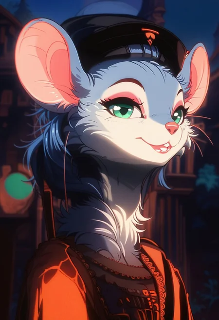 score_9, score_8_up, score_7_up, score_6_up, [][][][][] (((mouse))), (feral), furry, female, solo, (fluffy:0.8), (fluffy cheeks:0.4), cute, [][][][][] (frilly shirt, suspenders, black flat cap), grey fur, grey ears, green eyes, [][][][][] flat color, in the style of Beatrix Potter, [][][][][] cel-shading, backlit, (cool color pallet), (head and shoulder portrait, head focus, close up:1.6), (side view), look at viewer, detailed fur, [][][][][] outdoors, standing, night sky, smile, village,, GLSHS, HRMN
