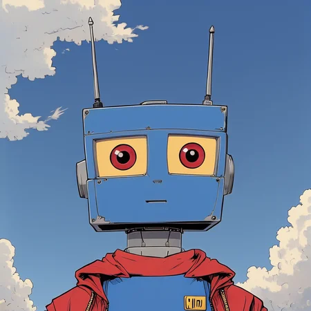 <lora:Retro_Anime_Flat_ColorsSDXL:1> ArsMJStyle, Retro Anime Flat Colors, The image is an illustration of a robot with a blue body and a red cape. The robot has a square head with two antennas on top and two round eyes in the center. The eyes are yellow and appear to be glowing. The background is a light blue sky with white clouds. The overall style of the illustration is cartoon-like and the robot appears to be standing in front of a blue sky., robot, sky, solo, cloud, mecha, 1boy, jacket, no humans, yellow eyes, red jacket
