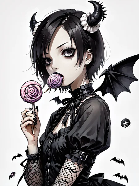 score_9, score_8_up, score_7_up, source_anime, ,<lora:gothicStyleNextPonyTheReal:0.8>,gothic style clothes,
gothicstylenext, candy, food, lollipop, 1girl, solo, short hair, wings, horns, black hair, swirl lollipop, bat (animal), simple background