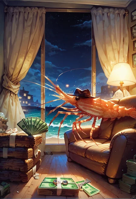 score_9, score_8_up, score_7_up, cute shrimp with money, sitting on sofa, holding money, hat, gangstersb, interior, decorative walls, marble floor, window, curtains, sea, beach, night, city, fog clouds, lightings, thunderstorm,