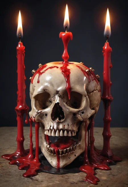 human skull used as a candle holder,red candle,lit candle,red wax dripping on skull,hyperrealistic,extreme detail,intricate photo, Ultra-HD-details