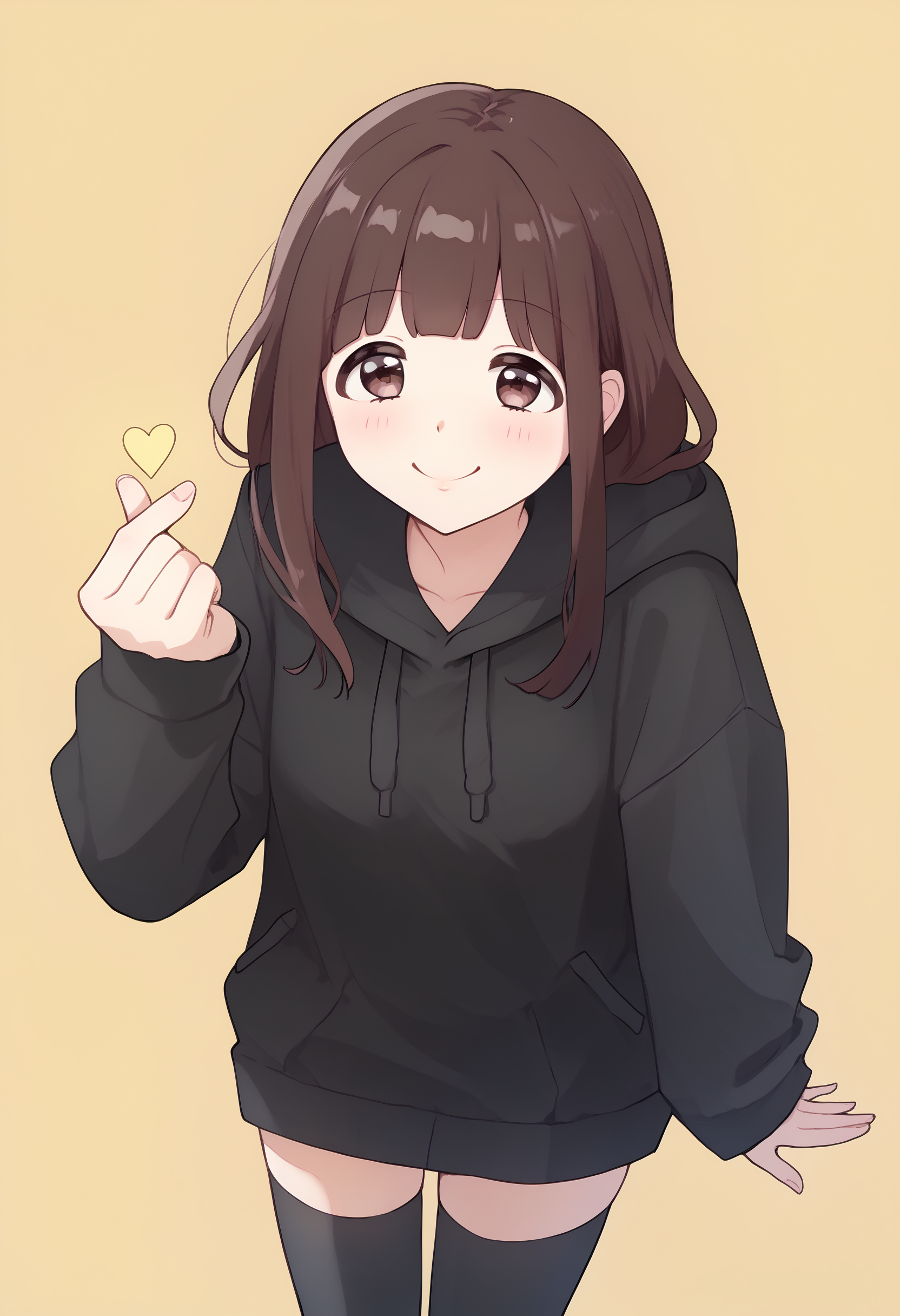 score_9, score_8_up, score_7_up, BREAK, solo,  nanase kurumi \(menhera-chan\), brown hair, black hoodie, <lora:NanaseKurumi_Menhera-chan_XLPD:1>,  <lora:finger_heart_korean:1> finger heart, smile, black thighhighs,