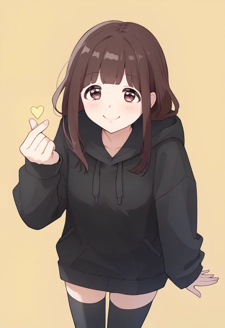 score_9, score_8_up, score_7_up, BREAK, solo,  nanase kurumi \(menhera-chan\), brown hair, black hoodie, <lora:NanaseKurumi_Menhera-chan_XLPD:1>,  <lora:finger_heart_korean:1> finger heart, smile, black thighhighs,