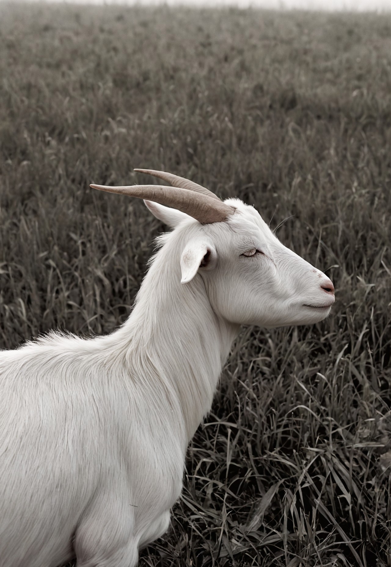 Shot on 35mm film, Film Still, Close-up Shot, White Goat, in a open grass field, Haze, foggy, kodak vision3 500t Film, Film Grain, film halation, bleach bypass, Desaturated colors, High contrast, Grainy texture, Cool tone bias, 28mm Focal Length, f/2.8, ISO 100,  high dynamic range, film photography, (sharp details, high quality, 4k, intricate details, highly-detailed)