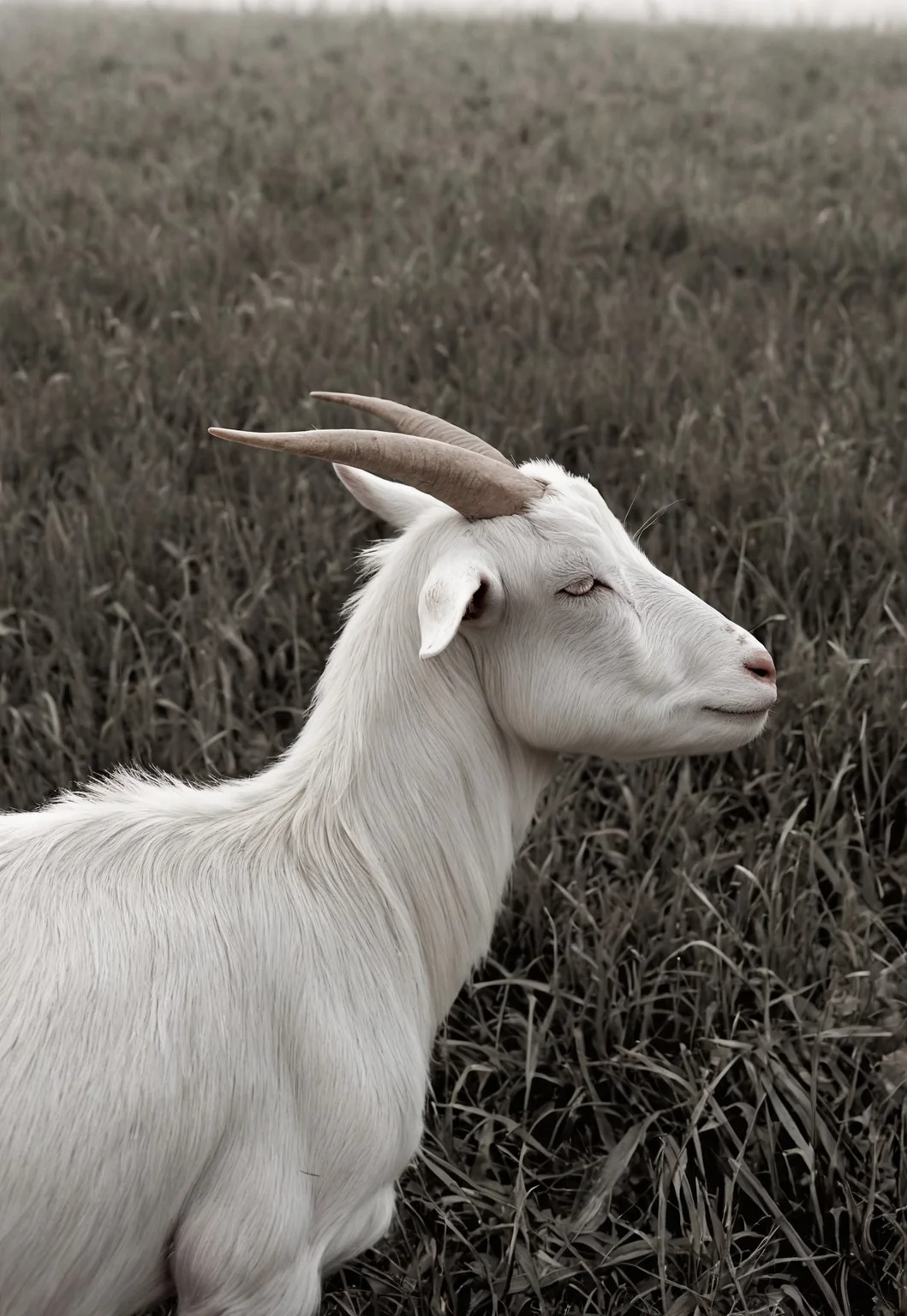 Shot on 35mm film, Film Still, Close-up Shot, White Goat, in a open grass field, Haze, foggy, kodak vision3 500t Film, Film Grain, film halation, bleach bypass, Desaturated colors, High contrast, Grainy texture, Cool tone bias, 28mm Focal Length, f/2.8, ISO 100,  high dynamic range, film photography, (sharp details, high quality, 4k, intricate details, highly-detailed)