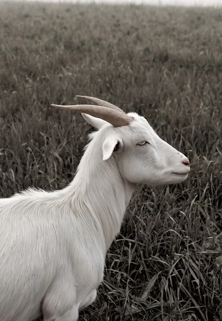 Shot on 35mm film, Film Still, Close-up Shot, White Goat, in a open grass field, Haze, foggy, kodak vision3 500t Film, Film Grain, film halation, bleach bypass, Desaturated colors, High contrast, Grainy texture, Cool tone bias, 28mm Focal Length, f/2.8, ISO 100, high dynamic range, film photography, (sharp details, high quality, 4k, intricate details, highly-detailed)
