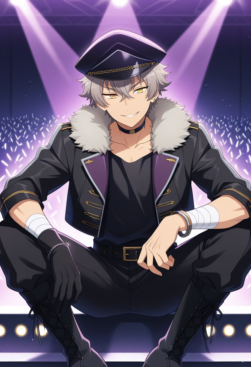 masterpiece,best quality,amazing quality, source_anime, 
kogaoogami, 1boy, male focus, solo, yellow eyes, grey hair, jewelry, earrings, undead uniform, hat, peaked cap, black headwear, choker, shirt, black shirt, jacket, black jacket, cropped jacket, fur trim, open jacket, bracelet, bandaged wrist, single glove, belt, black belt, pants, black pants, boots, black footwear, cross-laced footwear,
smile, sitting
stage, lights,