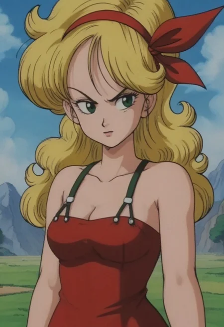 Outdoors, trees, blue sky, mountains, source_anime, source_cartoon, Thick outlines, 80s style anime filter,
launch bad, blonde hair, long hair, curly hair, green eyes, red dress, fierce look,